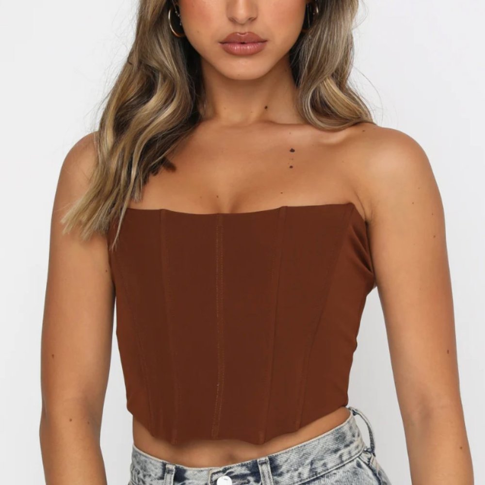 Brown Cropped Strapless Corset Going Out Top